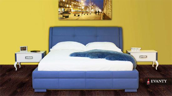 спальная мебель в Геленджике - синяя спальная кровать и прикроватные тумбочки